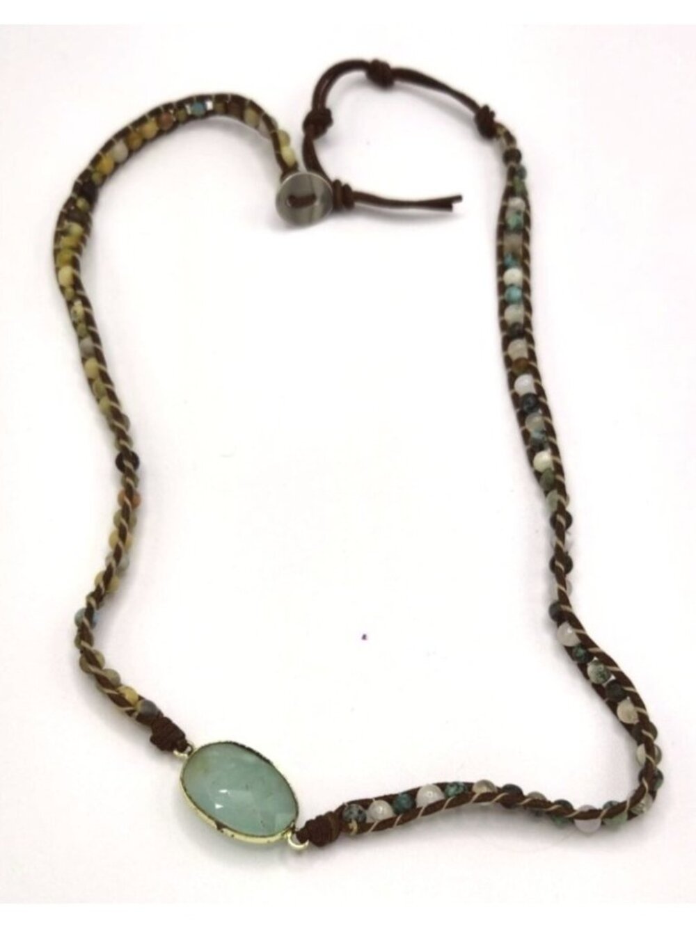 Braided Leather Necklace With Green Faceted Gemstone Pendant & Beaded Accents